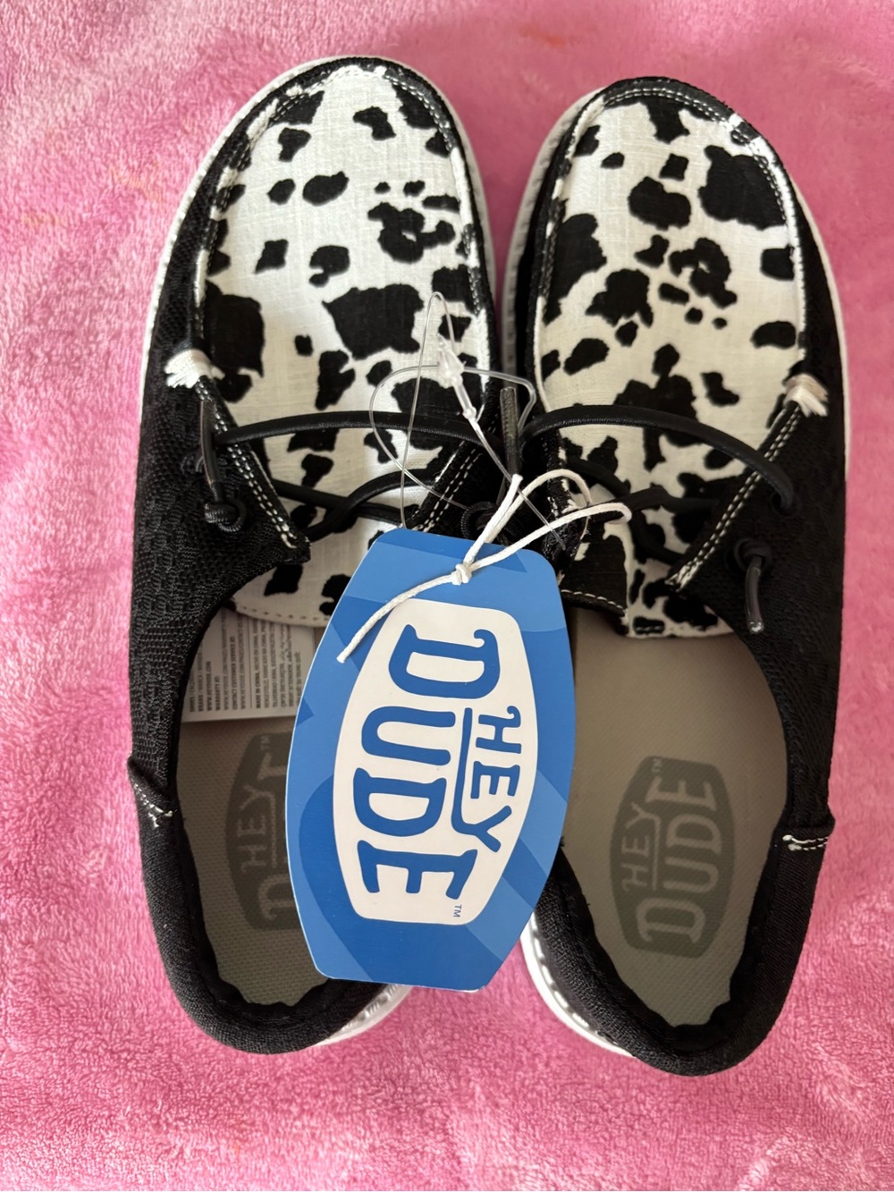 Hey Dude Black & White Cow Print Moccasins